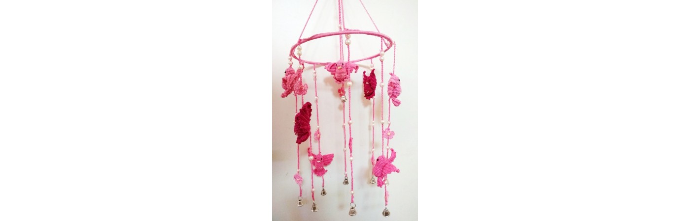 Happy Threads Birds Design Crochet Wind Chimes for Home (Pink & Red)